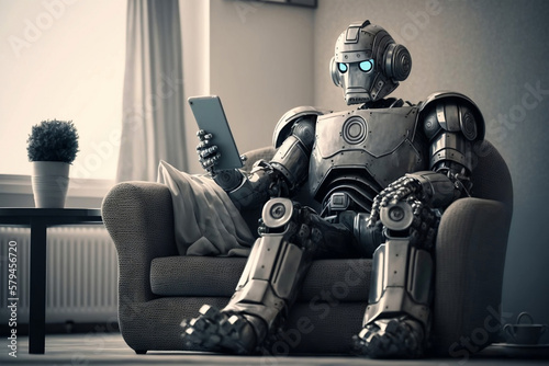 Robot humanoid use mobile phone or tablet in future,  generative ai