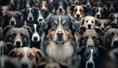 lots of dogs, group of canines, many furry friends, groups of dogs, bunch of dogs, Large group of dogs looking at the camera, GENERATIVE AI