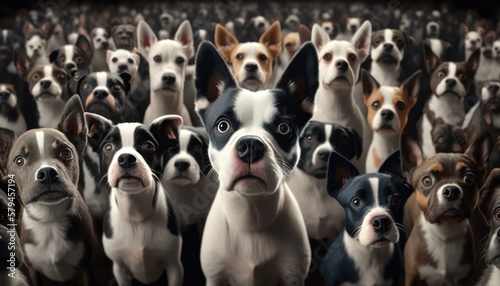 lots of dogs, group of canines, many furry friends, groups of dogs, bunch of dogs, Large group of dogs looking at the camera, GENERATIVE AI