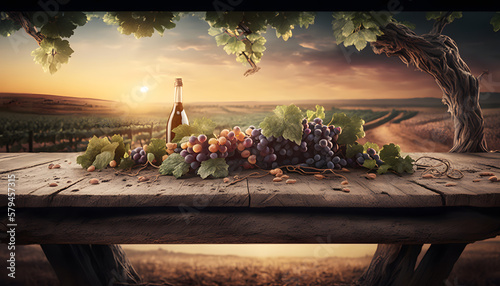 wine vine landscape, with a table for wine bottle application, generative ai