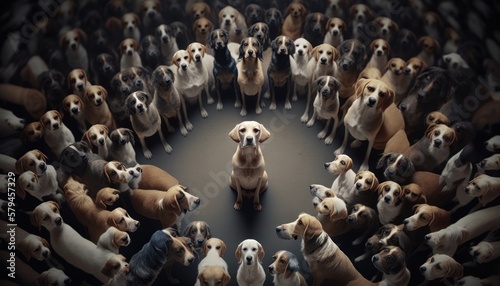 A bunch of dogs looking in one directions, cinematograifc, puppies, GENERATIVE AI
