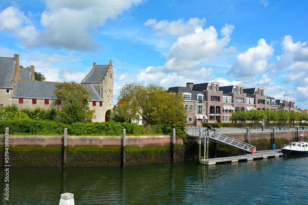 Canal at the old harbor in the old town of Zierikzee, Netherlands