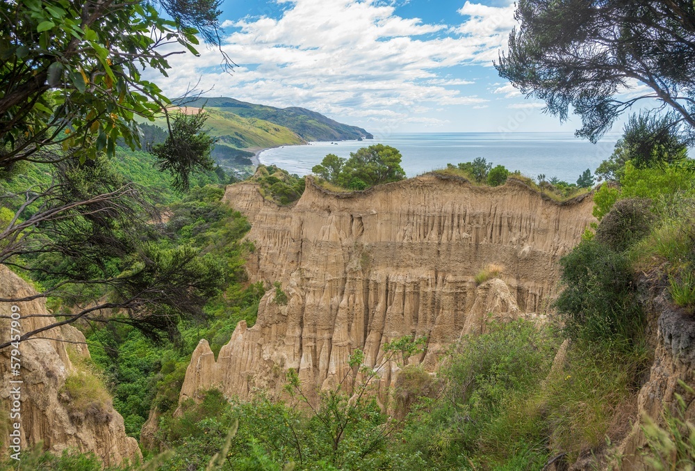 Fototapeta premium Breathtaking view of rocky Cathedral Cliffs with lush vegetation by the Gore Bay in New Zealand