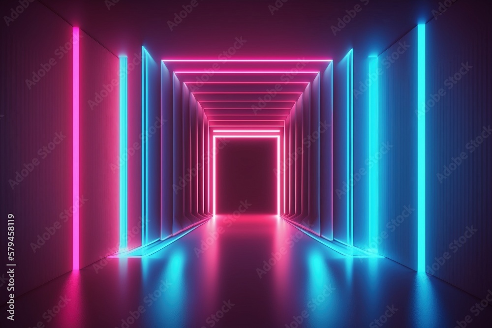 Neon Portal Tunnel viereck pink blau - Hintergrund schwarz - Generative AI
