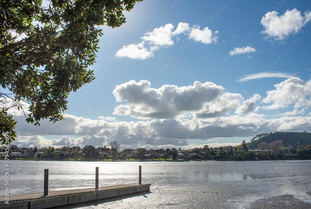 Scenic view of the Panmure Basin surrounded by the breathtaking nature of New Zealand