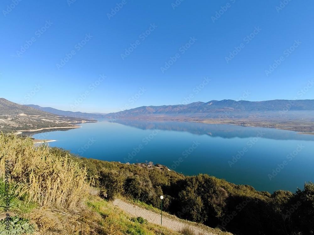 Beautiful landscape of lakeshore on a sunny day with a blue sky in the background