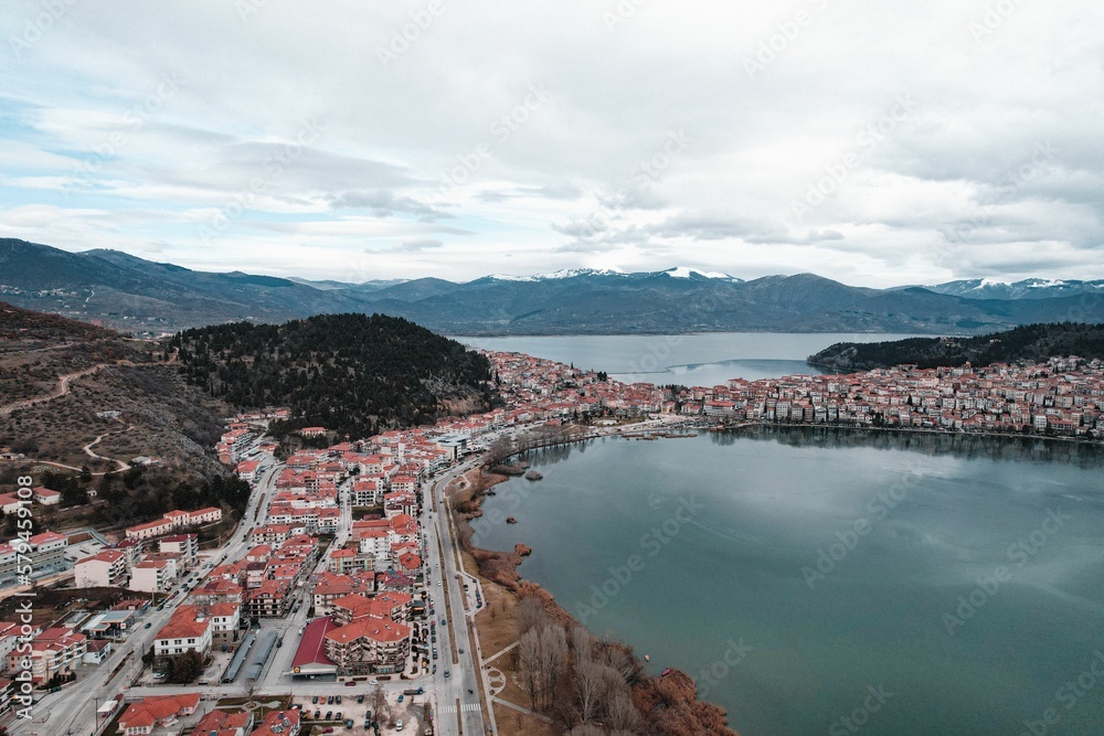 Aerial view of cityscape Kastoria surrounde dy buildings and water