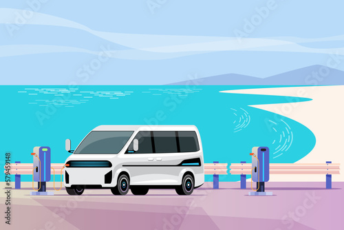 Electric vehicle charging station on the beach. Electric vehicle charging stations at tourist attractions. Beach skyline in background. EV Car boost tourism business with clean energy. vector illustra © pakoefoto