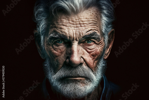 Close-up portrait of an elderly man with wrinkles, lines, and deep expression staring at the camera AI generated.