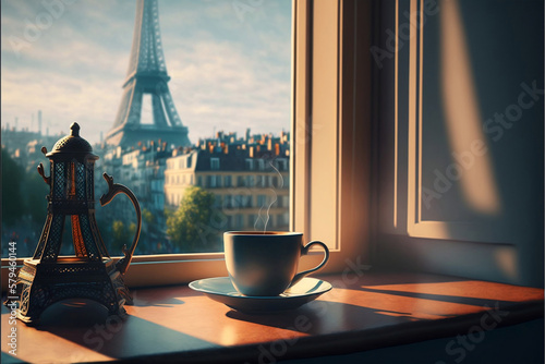 drinking coffee with a view of the eiffel tower, generative ai