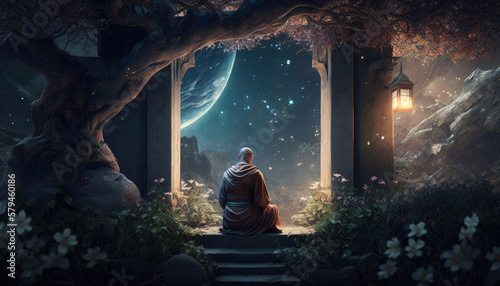 Fotografiet a monk meditating in a garden with a galaxy above generative AI