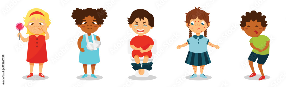 Sick Kids Suffering from Disease Feeling Unwell Vector Set Sick Kids Suffering from Disease Feeling Unwell Vector Set