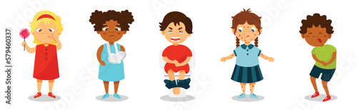 Sick Kids Suffering from Disease Feeling Unwell Vector Set