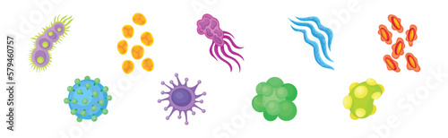 Bacteria and Germs Colorful Microorganisms and Disease Causing Microbe Vector Set