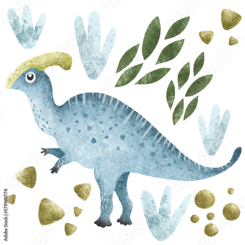 Cute blue dinosaur with elements. Cartoon style. Hand drawn character for for kids fabric  textile  nursery wallpaper.