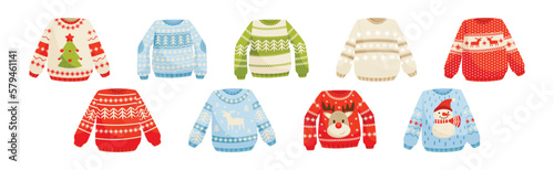 Ugly Christmas Sweaters and Cute Wool Jumper with Long Sleeves and Winter Ornament Vector Set