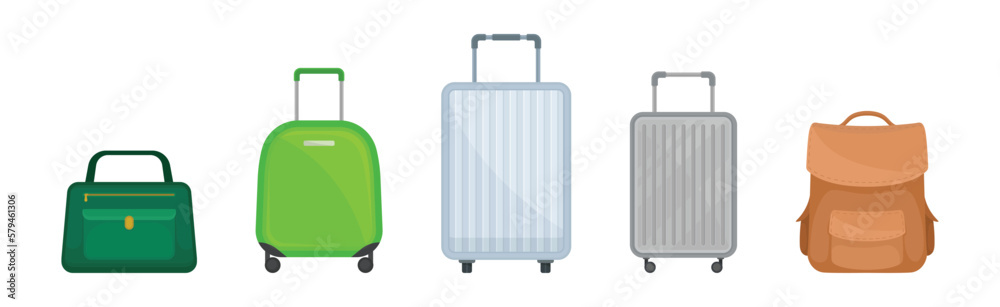 Travel Suitcase with Backpack and Handbag as Packed Luggage for Traveling Vector Set Travel Suitcase with Backpack and Handbag as Packed Luggage for Traveling Vector Set