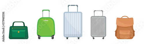 Travel Suitcase with Backpack and Handbag as Packed Luggage for Traveling Vector Set