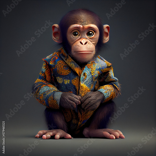 Slika na platnu Realistic lifelike mini Baby chimpanzee in striking colourful boho outfit suit,
