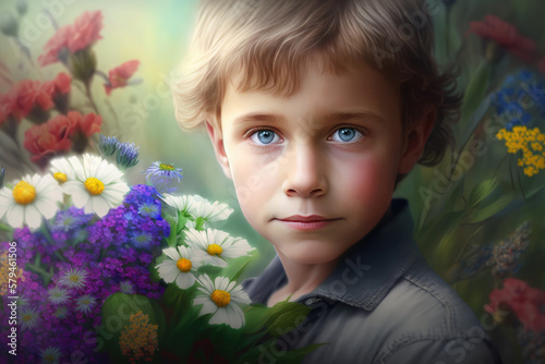 Happy boy and flowers. Child and wildflowers. Kid with flower bouquet in blooming garden, floral glade bloom meadow. Beauty greeting card for mother's day, father's day, birthday. Generative ai model