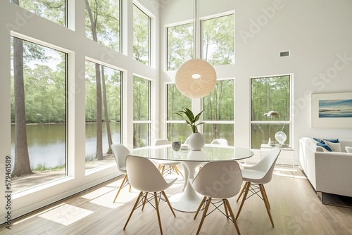 Elegant Dining Room with Plush White Table  Modern Chairs  and Tranquil Lake View - Create Your Perfect Haven with AI-generated Inspiration