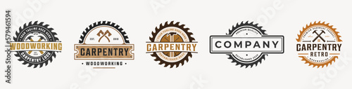 Set Carpentry vintage logo with circular saw blade vector illustration. Bundle professional carpenter logo woodworking badge design with hammer, nails, sawblade, sawmill, axe, and wood cutting vector