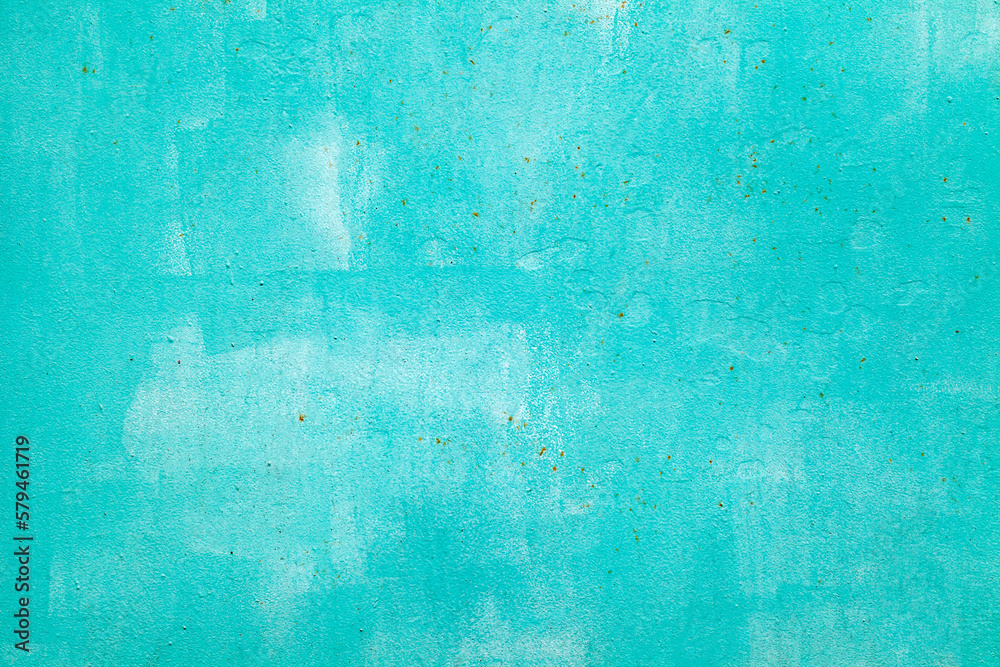 Roughly painted with turquoise paint metal surface, background wallpaper, uniform texture pattern