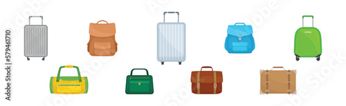 Travel Suitcase with Backpack and Handbag as Packed Luggage for Traveling Vector Set