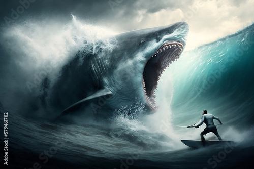 white shark attacking surfer, generative ai photo