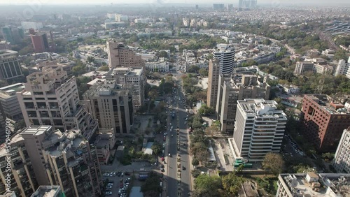 Aerial Drone shot of Connaught Place Cp in New Delhi capital city of India barakhamba road central market central park indian flag inner circle outer circle photo