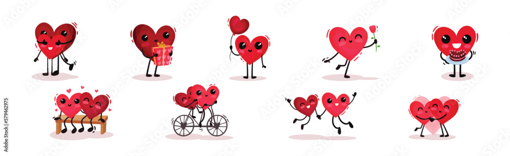 Humanized Red Hearts Couple Together Feeling Amour and Love Vector Set