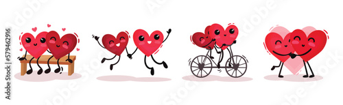 Humanized Red Hearts Couple Together Feeling Amour and Love Vector Set
