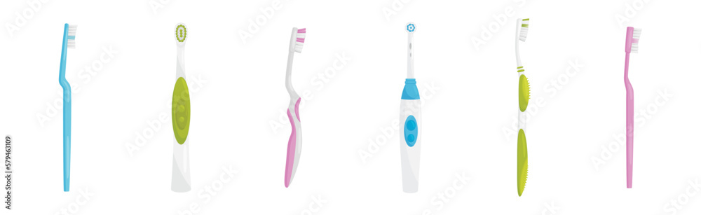 Toothbrush with Bristles and Handle as Oral Hygiene Instrument Vector Set Toothbrush with Bristles and Handle as Oral Hygiene Instrument Vector Set