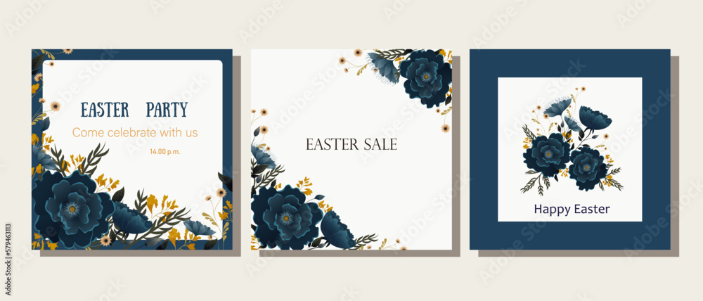 Set of cards with beautiful blue flowers. Wedding cards. Cute postcards with flowers