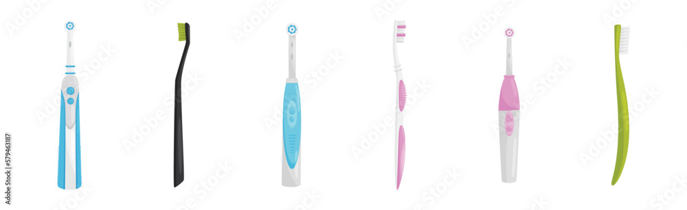 Toothbrush with Bristles and Handle as Oral Hygiene Instrument Vector Set Toothbrush with Bristles and Handle as Oral Hygiene Instrument Vector Set