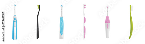 Toothbrush with Bristles and Handle as Oral Hygiene Instrument Vector Set