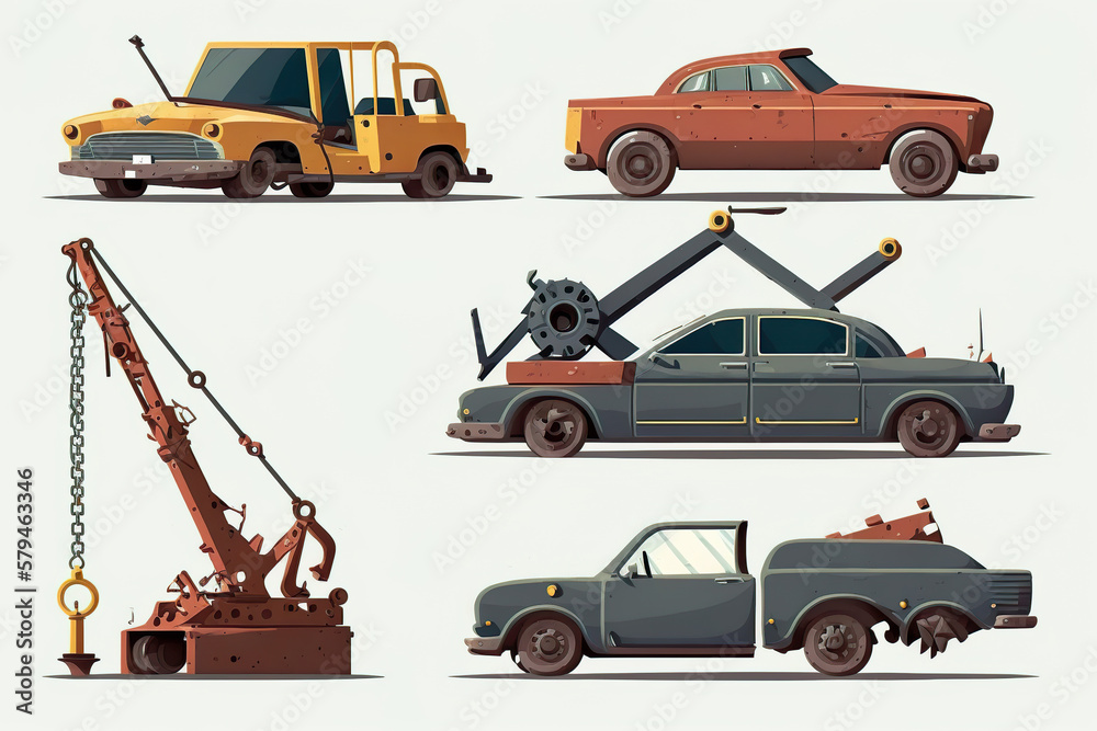 Naklejka premium Opened used cars icons set. A junkyard is a site for scrapped cars. AI generated illustration.