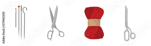 Sewing and Tailoring Accessories with Pair of Scissors, Needles and Yarn Vector Set