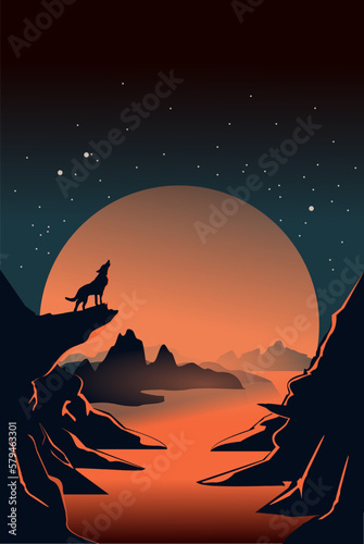 Heulender Wolf auf einem Felsen vor atemberaubender Kulisse mit Mond