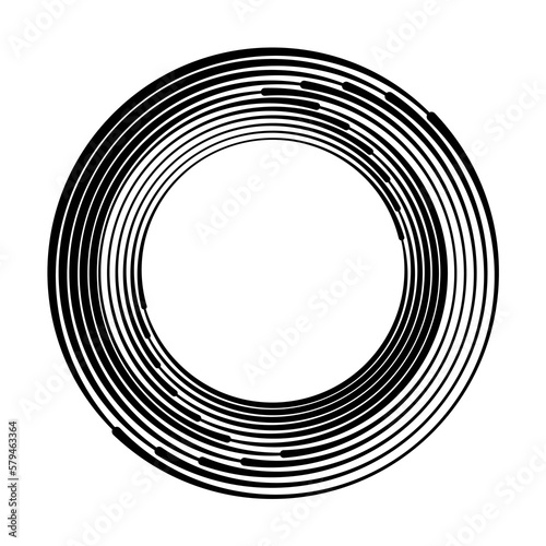 Black concentric lines in spiral form. Geometric art. Segmented circle. Circular shape. Trendy design element for border frame, round logo, tattoo, sign, symbol, badge, emblem, web, social media