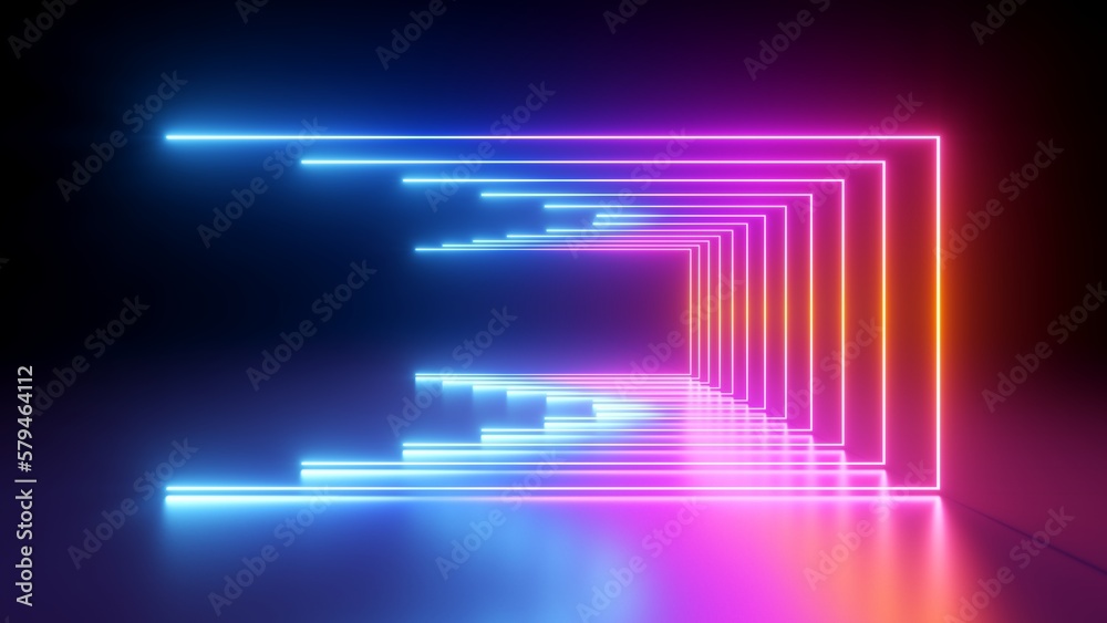 3d render, abstract neon background with colorful glowing lines. Virtual reality