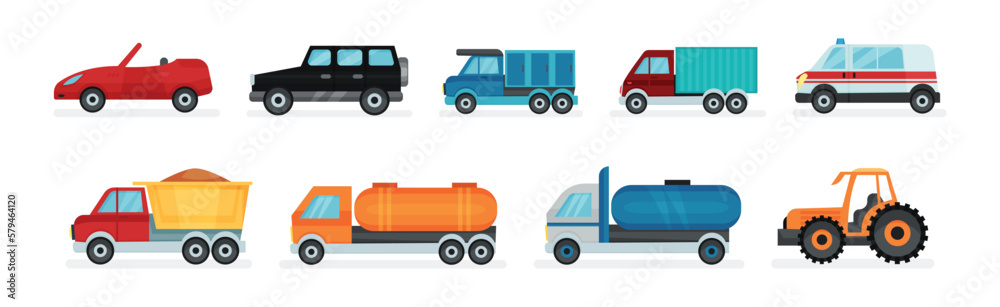 Ambulance, Truck, Cabriolet, Tractor and Hatchback as Wheeled Motor Vehicle Used for Transportation Vector Set
