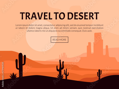 Wild Desert Trip and Travel Web Banner Design with Sand and Cactus Silhouette Vector Template © topvectors