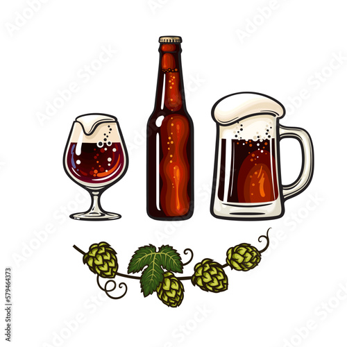 Branch of hop, big mug full of beer with foam and bubbles, bottle and Snifter beer glass. Hand drawn vector illustration.