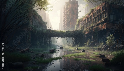 Abandoned city building  post apocalyptic environment  matte painting concept art resources  the end of the world  illustration  a world reclaimed by nature. Generative AI.