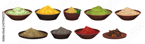 Different Spices and Condiments with Pile and Heaps of Powder in Bowl Vector Set