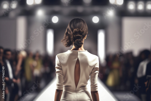 Model woman on catwalk wearing white dress. Generative AI