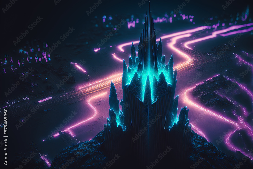 Abstract neon city aerial view. Technology concept of night cityscape with blue lights in synthwave style. Generated AI.