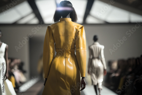 Woman model on catwalk in leather outfit. Generative AI