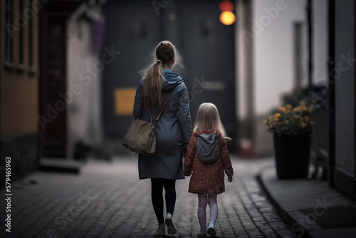 Mother and daughter walking down the street. Generative AI
